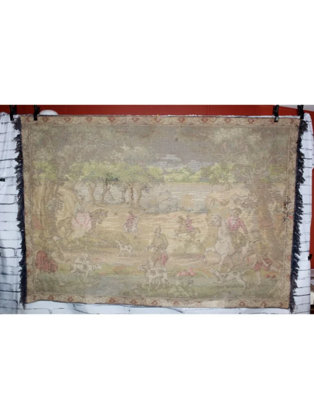 Vintage French Hunting Scene Tapestry Wall Hanging Blanket Fringe Decor 50x72